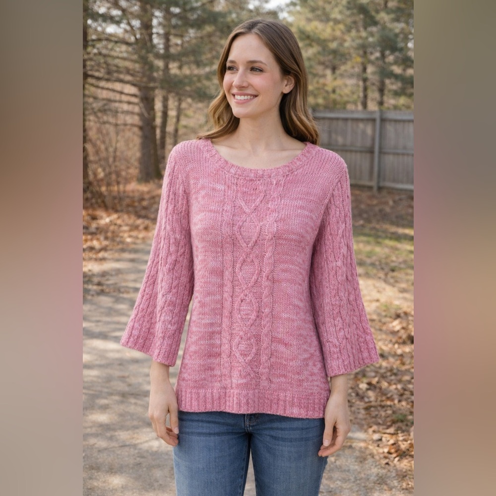 VENUS Pink Cable Knit Women  Sweater Bell Sleeve Size M Cotton Blend